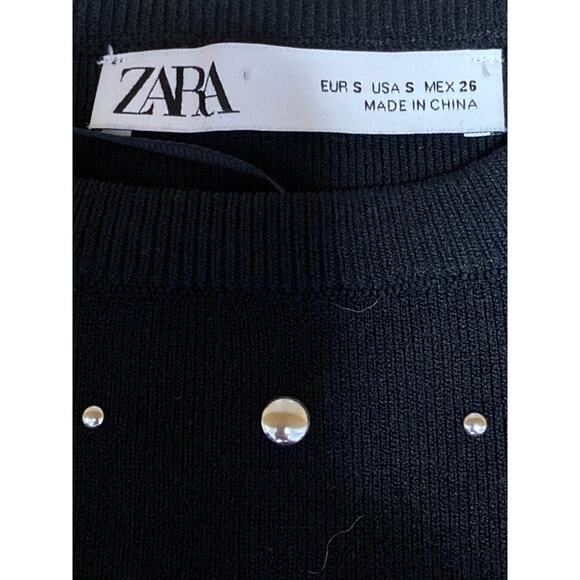 Zara Women's Black Ribbed Studded Crew Neck Long Sleeve Slim Crop Sweater Top S - Picture 5 of 6
